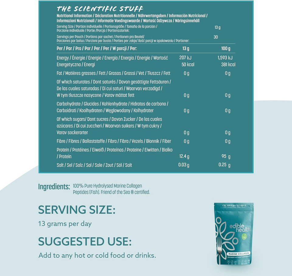 Edible Health High Protein Marine Collagen Powder, Collagen Supplements Regeneration, Collagen Powder Supplement, Peptides for Diet and Everyday, Carb Free Marine Collagen, 400g Pouch,30 Day Supply