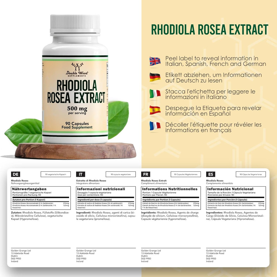 Double Wood Rhodiola Rosea | 90 Servings of 500mg Rhodiola Rosea Complex Capsules | 3% Rosavins & 1% Salidrosides | A Powerful Adaptogen Sourced from High Altitude Environments | UK Manufactured