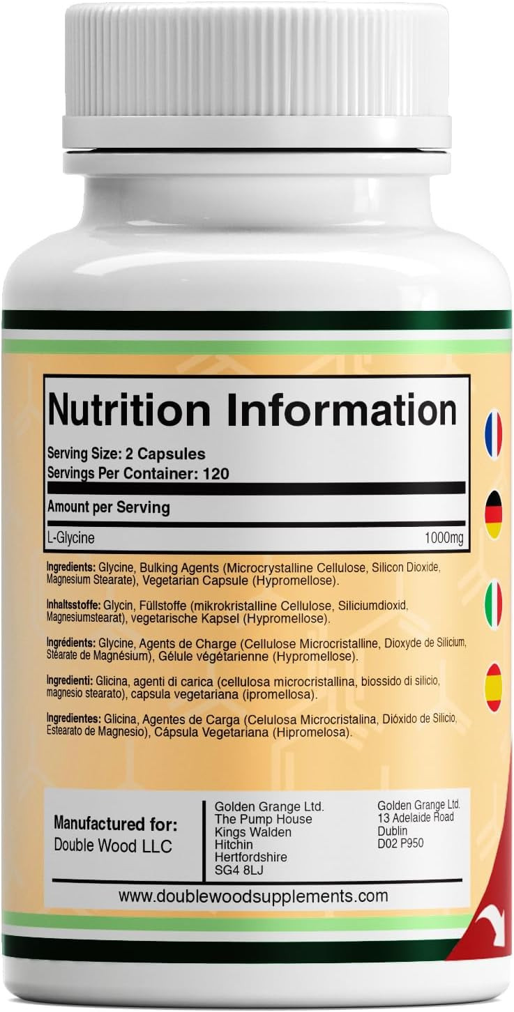 Double Wood Glycine Supplement | 240 High Strength Glycine Capsules - 1000mg per Serving | Amino Acid Supplement | Non-GMO & Gluten | Manufactured in The UK