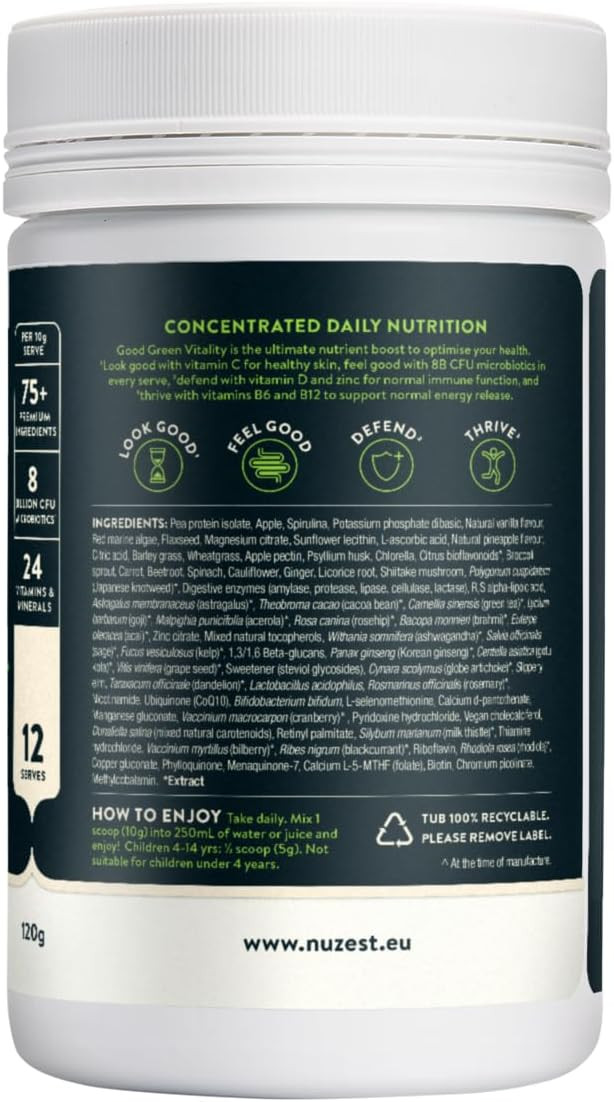 Greens Powder by Nuzest  Good Green Vitality  Filled with Vitamins, Minerals & Superfoods  Vegan Multivitamin Greens Drink - Gluten Free - Dairy Free - 120g - 10 Servings