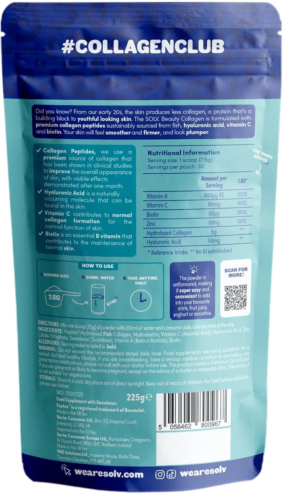 SOLV Type 1 Collagen Peptides Powder 5000mg, Pure Marine Collagen with Hyaluronic Acid, Biotin Hydrolyzed Collagen Supplements - Unflavoured (30 Servings), Skin Hair & Nail Support Supplements SOLV Type 1 Collagen Peptides Powder 5000mg, Pure Marine Collagen with Hyaluronic Acid, Biotin Hydrolyzed Collagen Supplements - Unflavoured (30 Servings), Skin Hair & Nail Support Supplements