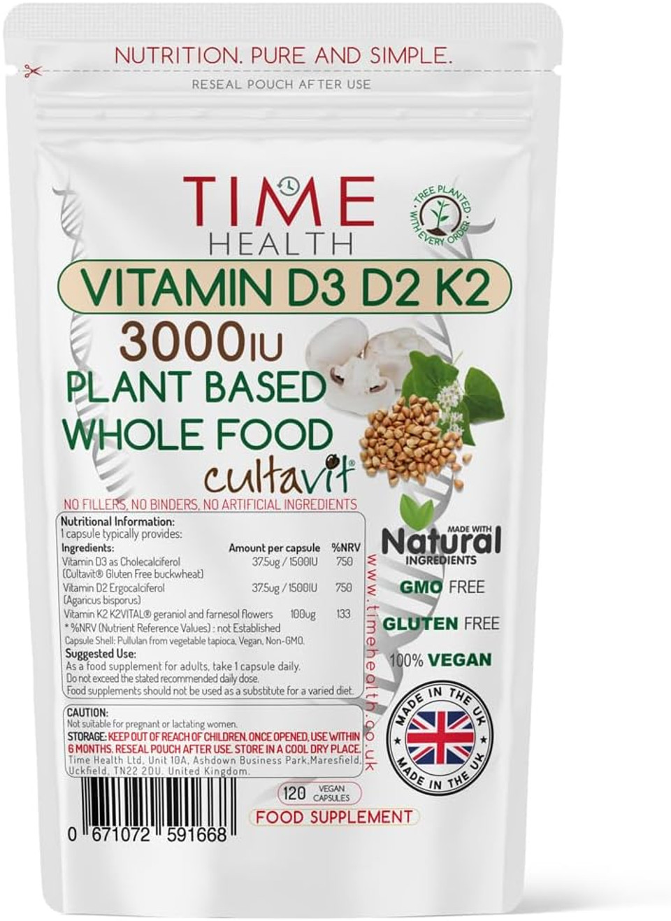 Vitamin D3, D2, K2, Natural Wholefood Plant Based 3000IU - Zero Additives - Pullulan (120 Capsule Pouch)