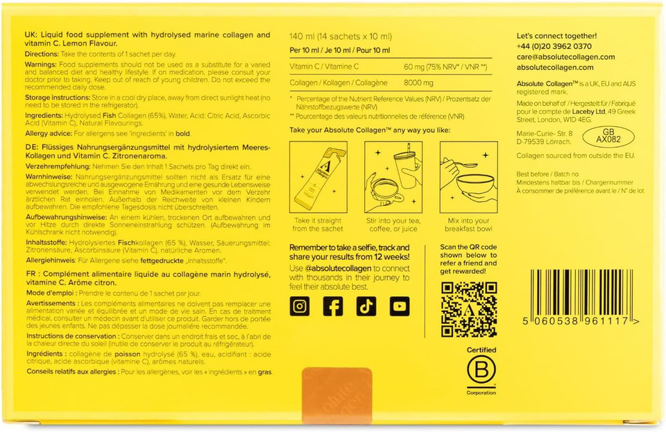 Absolute Collagen Marine Liquid Collagen Supplement for Women | New Lemon Flavour, Supports Hair, Nail & Skin Health, 8000mg of Hydrolysed Collagen per Sachet, Vitamin C | 14 Sachets