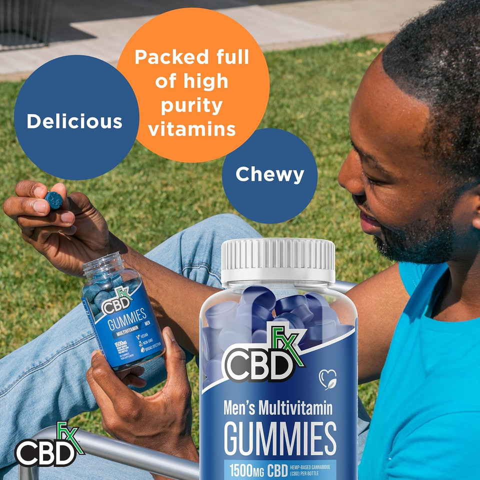 CBDfx 1500mg CBD High Strength Men's Multivitamin Gummies, Vitamins A, C, D3, E, B6, B12, Zinc, Biotin, Iodine, 60 Gummies (30 Days)