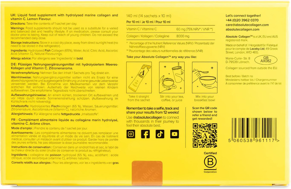 Absolute Collagen Marine Liquid Collagen Supplement for Women, 8000mg High-Strength Collagen with Vitamin C, Sugar-Free, for Skin, Hair & Nails, Mango & Mandarin Flavour, 14 Sachets per Box