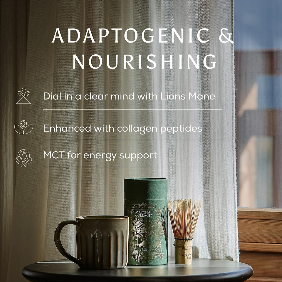 Ancient + Brave Matcha + Collagen 150g Tub - Lion's Mane Mushroom Powder for Mental Clarity - Hydrolysed Collagen Peptides - for Skin, Hair & Nails - Organic Matcha Tea, MCT Oil, Moringa & Cinnamon