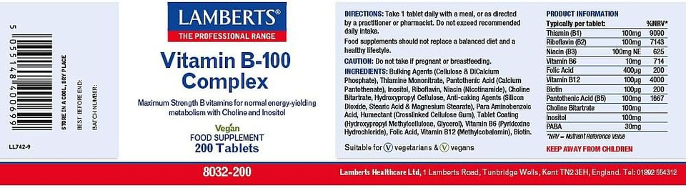 Lamberts Vitamin B-100 Complex - 200 tablets