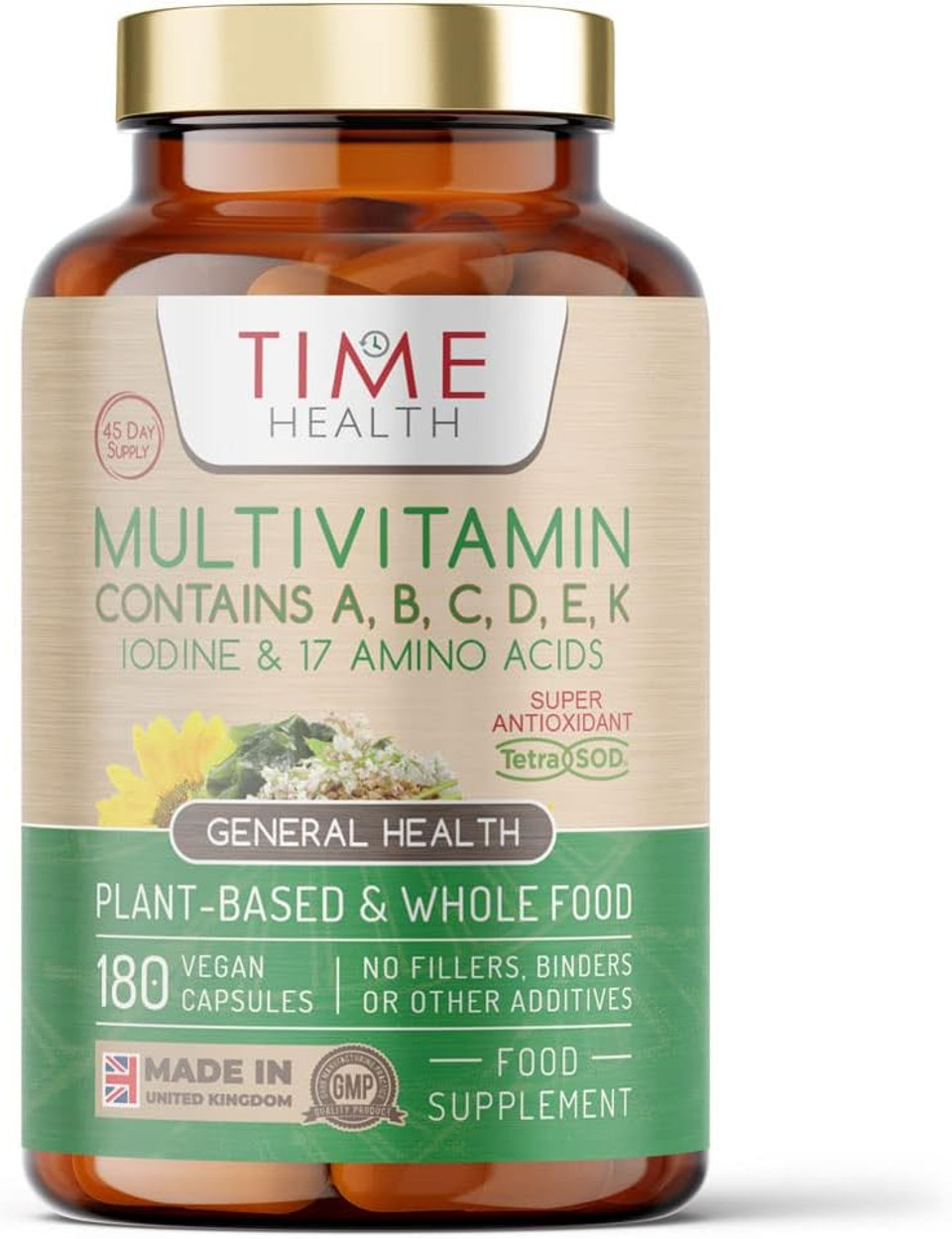 Whole Food Plant-Derived Multi Vitamin 100%+ Daily with TetraSOD® Super Antioxidant - Natural, Non-Synthetic Vitamins - Highly Bioavailable - Zero Additives - UK Manufactured (180 Capsule Pouch)