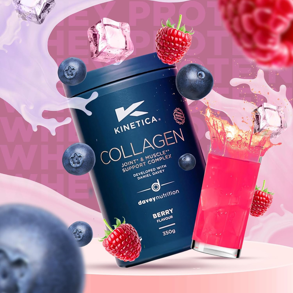 Kinetica Sports Collagen Powder - Berry Flavour | 350g | 5g FORTIGEL Bovine Collagen/Serve, 320mg Vitamin C, 5µg Vitamin D, 100mg Hyaluronic Acid & 500mg Glucosamine Sulphate | Joint & Muscle Support