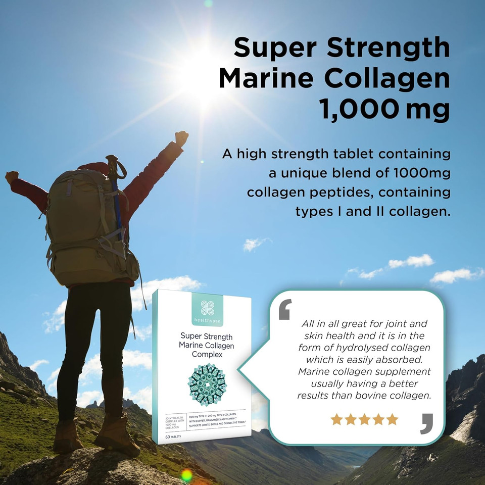 Healthspan 1,000mg Marine Collagen Complex | 800mg Type I + 200mg Type II Collagen | Support Your Joints, Bones & Connective Tissue | Added Benefits for Skin & Beauty (120 Tablets)