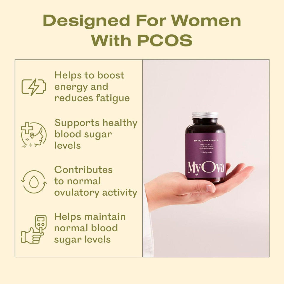 MyOva Hair, Skin & Nails PCOS Supplement - 30-Day Supply - 2000mg Myo-Inositol for PCOS Support - Complex has Biotin, Zinc, Vitamin A and C to Support Strong Hair, Skin & Nails  UK Manufactured