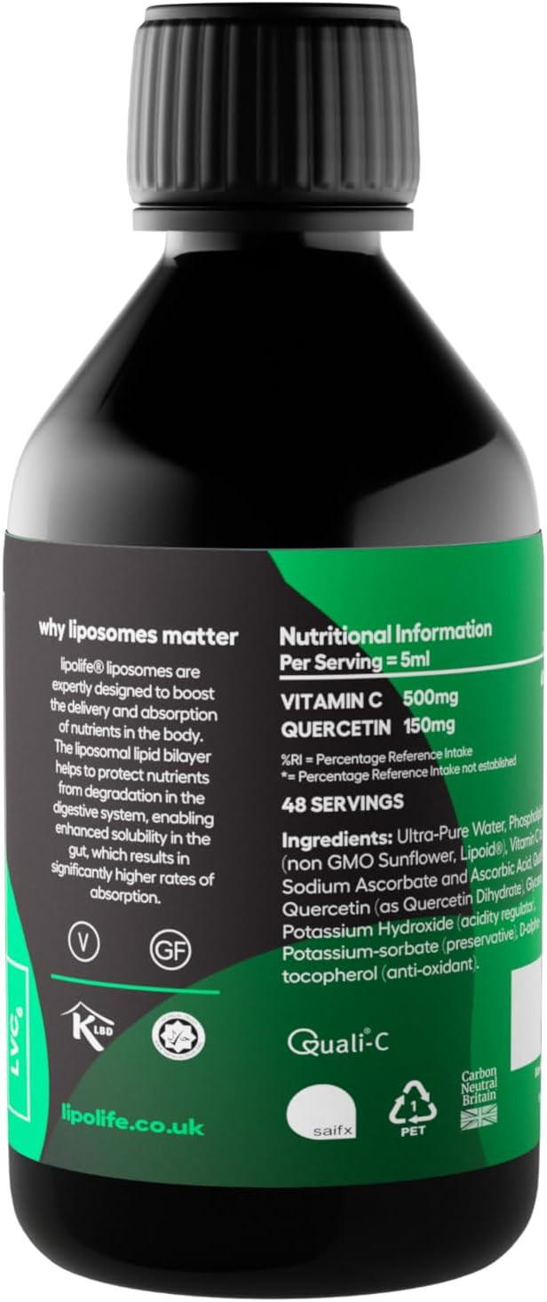 liposomal Vitamin C and Quercetin - 240ml - lipolife, LVC6. Advanced Nutrient delivery Support for Seasonal discomfort Such as hayfever or Similar histamine Response