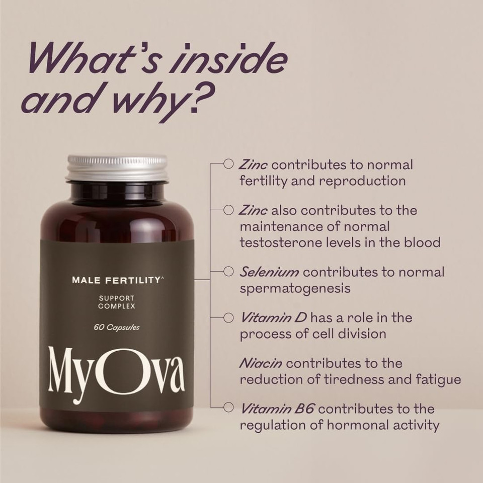 MyOva Male Fertility Supplements - Enhances Sperm Quality, Count & Hormonal Balance - Supports Conception for Men - Includes Zinc, Selenium, Vitamins C, D, E - 60 Capsules