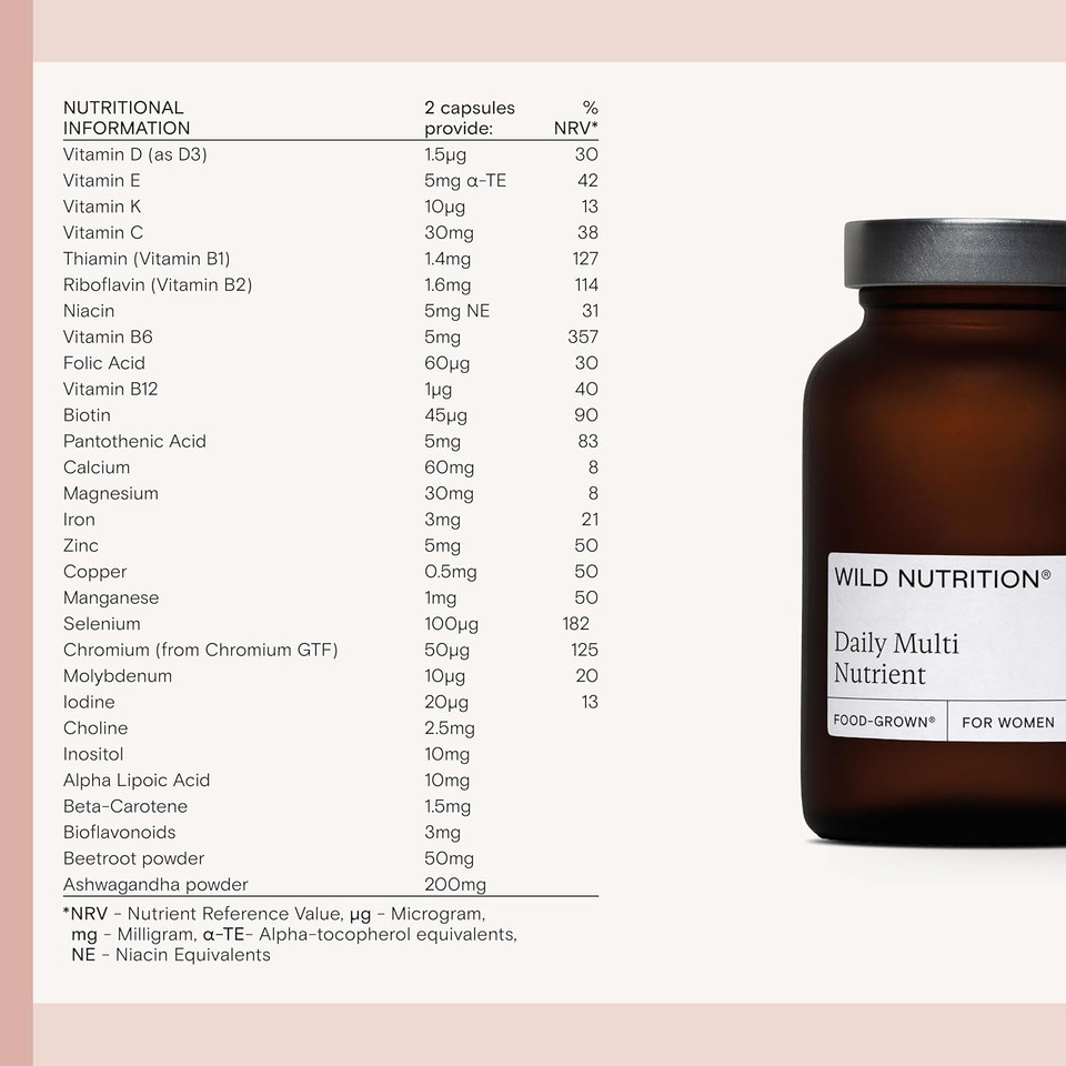 WILD NUTRITION Food-Grown® Women's Daily Multi Nutrient | Multivitamin Tablets for Women to Support Hormonal Balance, Fatigue, and Mental Resilience | Vegetarian Multivitamins for Women | 60 Capsules