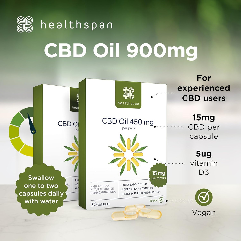 Healthspan 900mg (2 x Packs of 450mg) CBD Oil Capsules | 60 Capsules | Added Vitamin D3 | Vegan