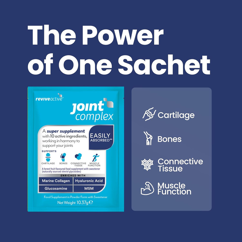 Joint Complex by Revive Active - A Daily Sachet - Contributes to The Support of Joints, Cartilage, Bones & Muscle Function with Marine Collagen, Hyaluronic Acid, Glucosamine - 30 Days Supply
