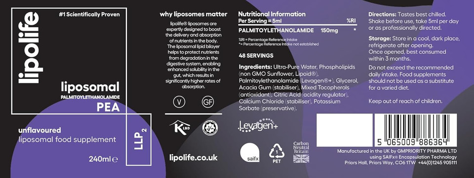 liposomal Pea Palmitoylethanolamide Levagen+ lipolife LLP2 | High Strength | Enhanced Bioavailability | 48 Days Supply | Cognitive Health, Muscle Recovery | Helps Reduce Joint Pain and Inflammation