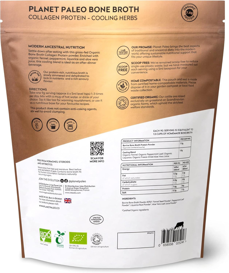 Planet Paleo Organic Bone Broth - Cooling Herbs (450g, 50 Servings) Organic, Grass Fed, High Protein | Fennel, Peppermint, Liquorice and Aloe Vera - Digestive Support