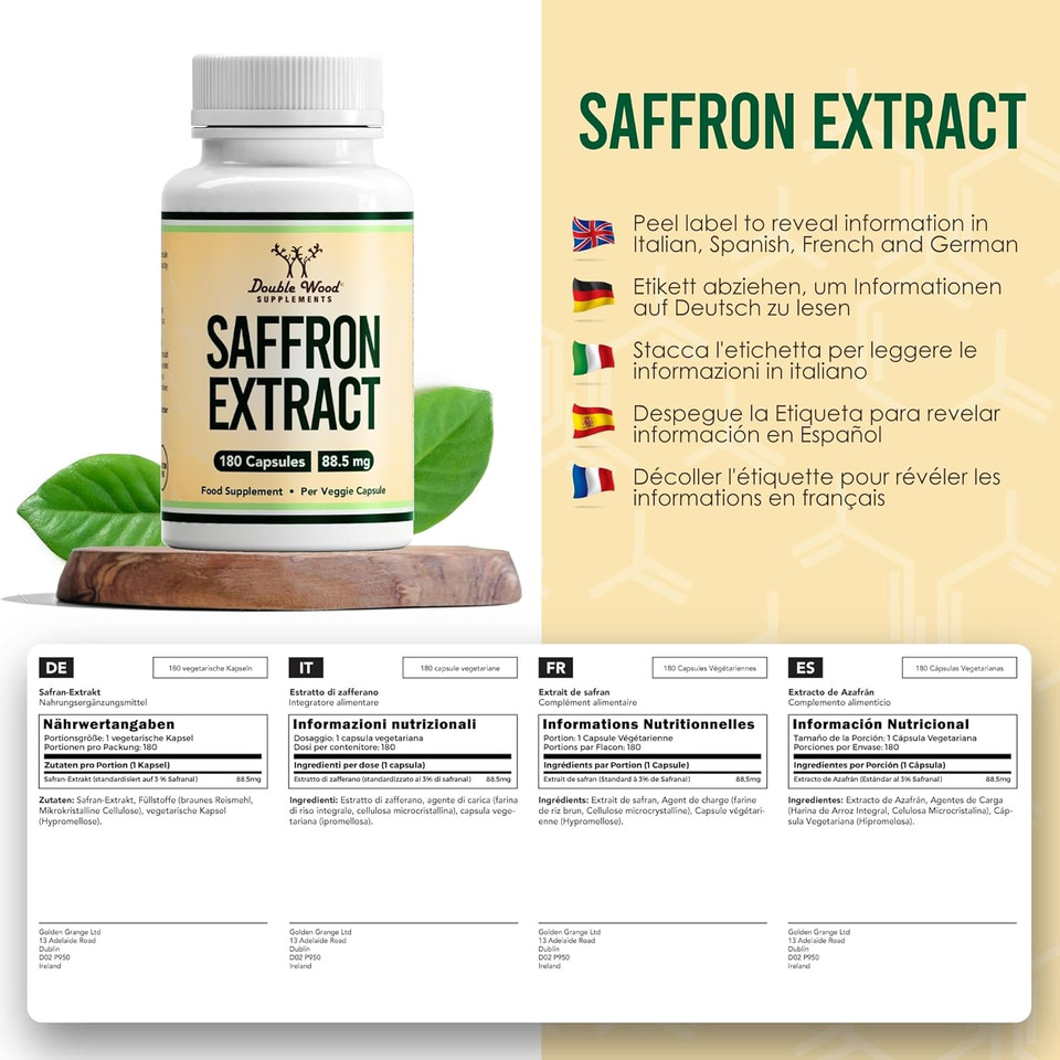 Double Wood Saffron Supplement |180 Servings of High Strength Saffron Capsules - 88.5mg Saffron Extract per Serving | Weight Management, Heart Health, Mental Clarity & Eye Health | UK Manufactured
