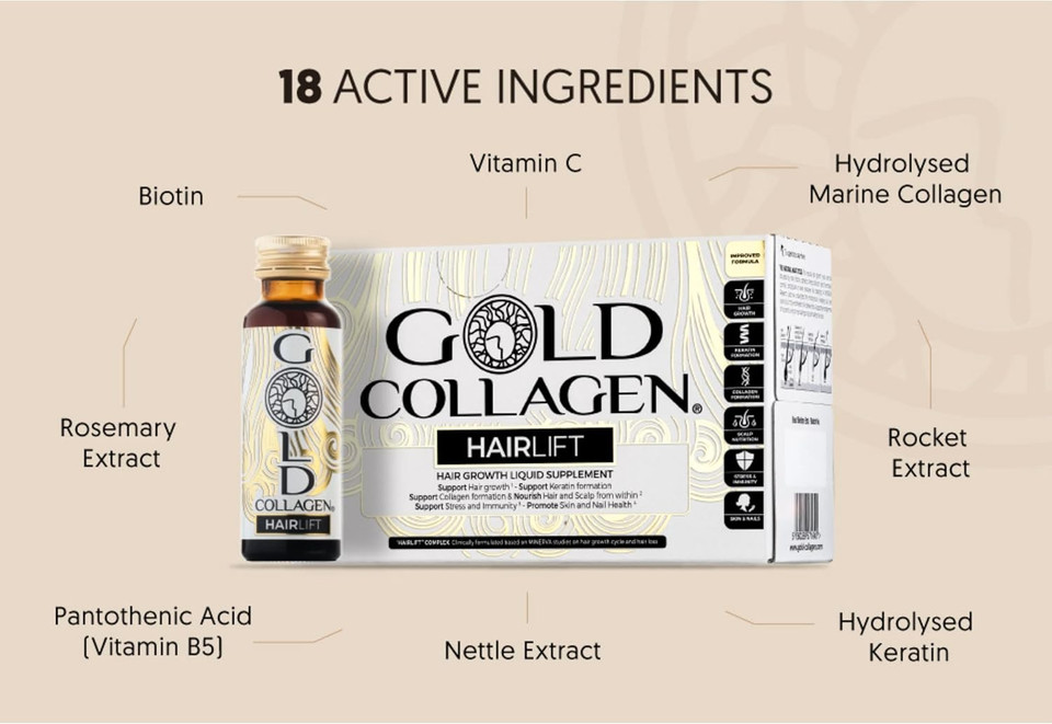 GOLD COLLAGEN Hairlift - Biotin Hair Growth Marine Collagen Supplements for Women & Men with Vitamin C and B6, Hyaluronic Acid, Zinc and Keratin Hair Treatment, Skin and Nails, 10 Bottles 50 ml Each