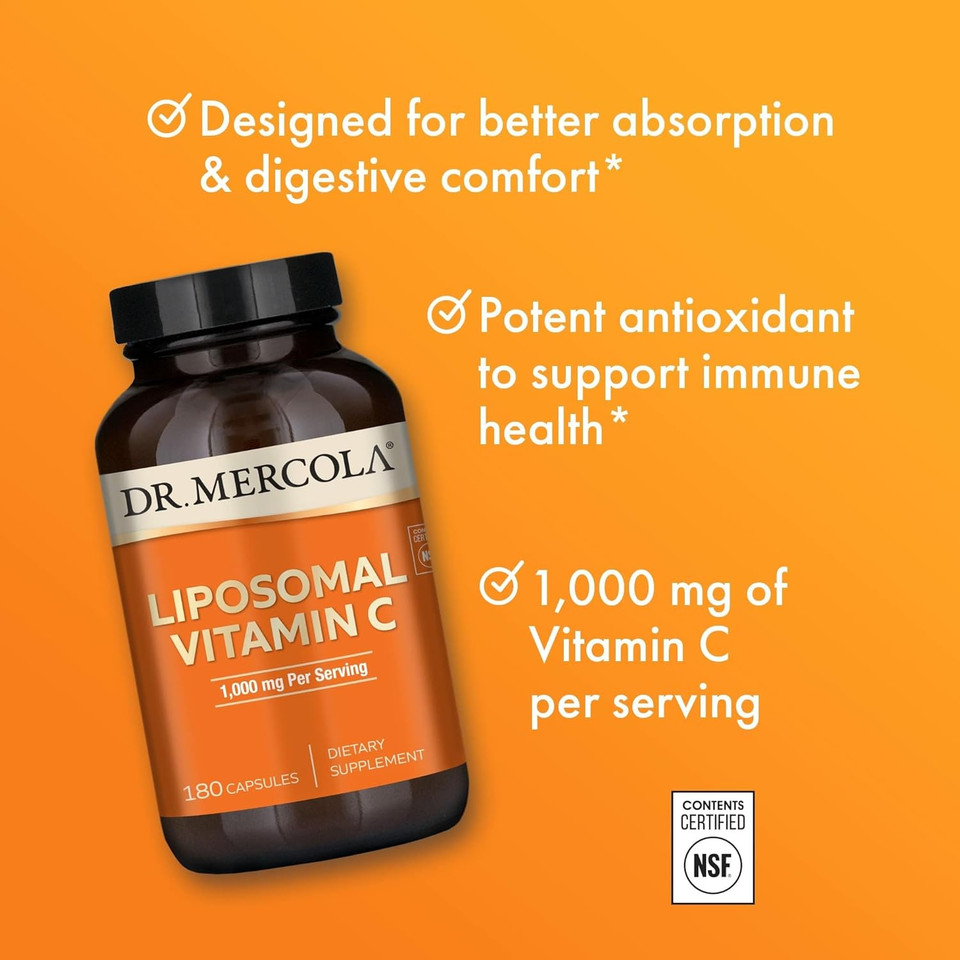 Mercola Liposomal Vitamin C Dietary Supplement, 1,000mg per Serving, 90 Servings (180 Capsules), Immune Support, Non GMO, Soy Free, Gluten Free