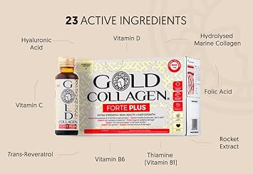 GOLD COLLAGEN New Forte Plus - Collagen Supplements for Women & Men with Biotin Hair Growth, Skin & Immune System Booster with 8g of Marine Collagen, Vitamin C & Hyaluronic Acid, 1 Pack 10x50ml