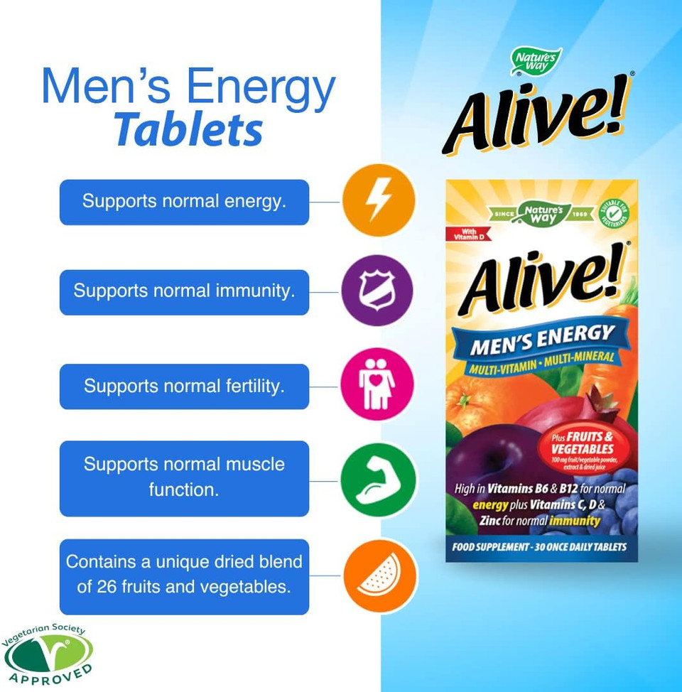 Nature's Way - Alive! Mens Energy - Complete Multi-Vitamins & Minerals Specially Formulated for Men - with Dried Blend of Fruits and Vegetables - Suitable for Vegetarians - 30 Tablets