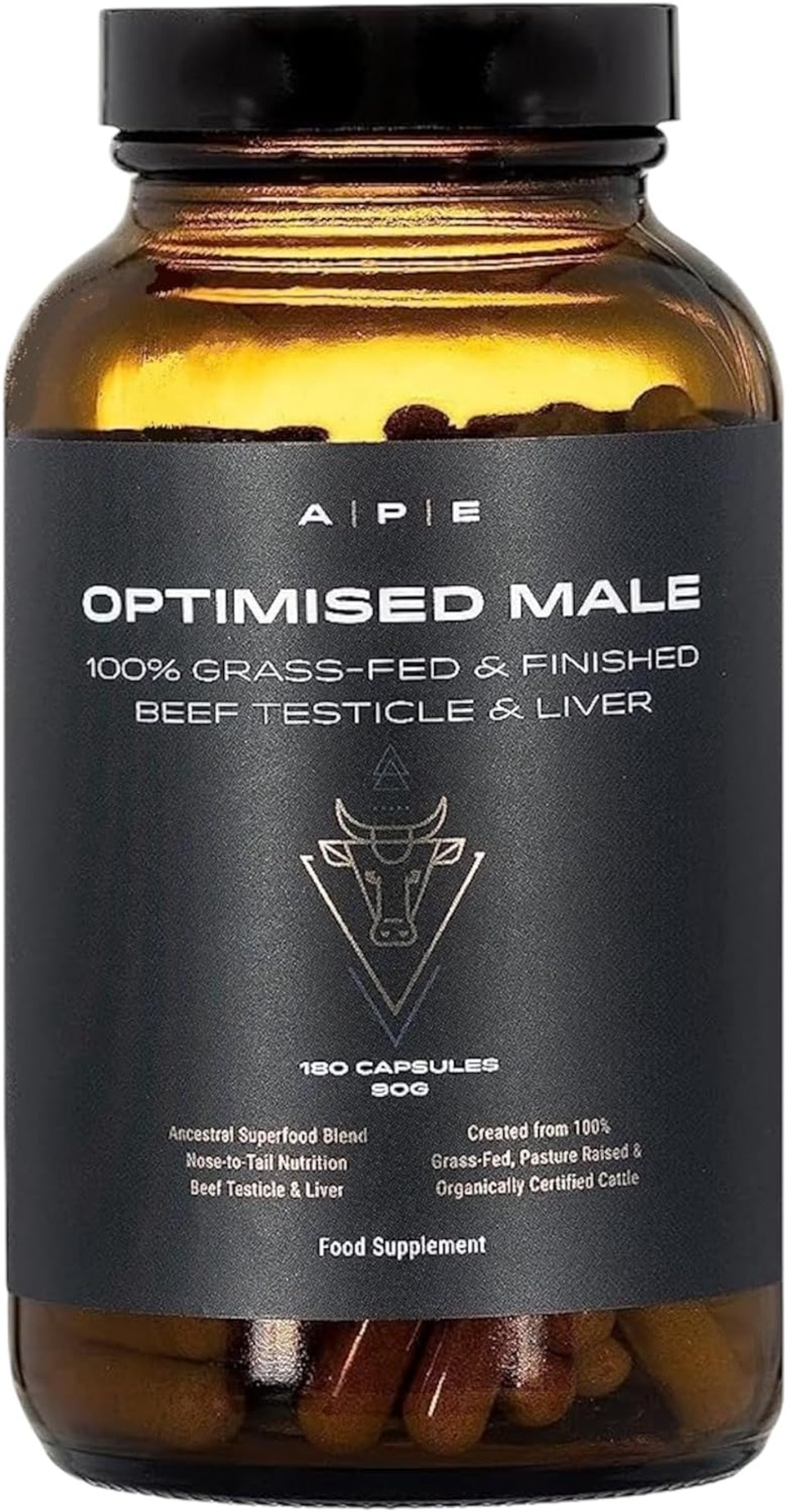 APE Nutrition Optimised Male | Grass-Fed Beef Testicles & Liver Mens Supplements | Boost Male Vitality, Energy & Testosterone | Gym Supplements for Men | 180 Capsules