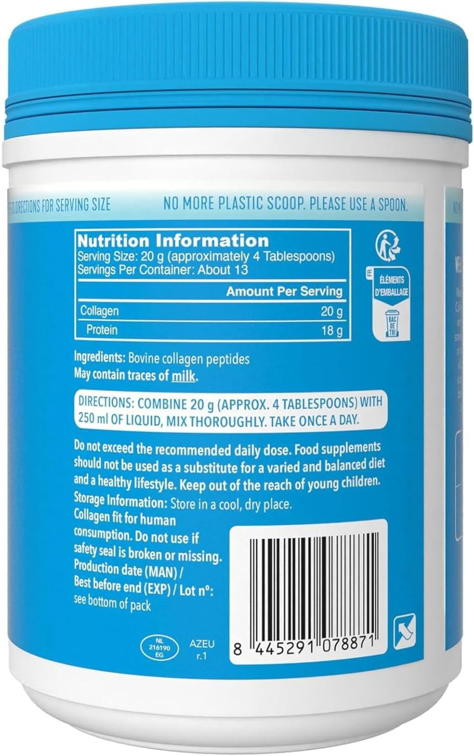 Vital Proteins Collagen Peptides Powder Supplement (Type I, III), Unflavoured Hydrolzed Collagen-Hair, Skin, Nail Support Supplement, Paleo, Gluten Free, Non-GMO, 20g per Serving 587g Canister, 1Pack