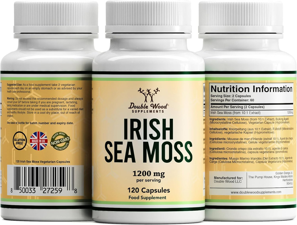 Irish Sea Moss Capsules, Ultra High Purity Potent Extract (180 Count, 1,200mg per Serving) (from Wildcrafted and Raw Chondrus Crispus) by Double Wood Supplements