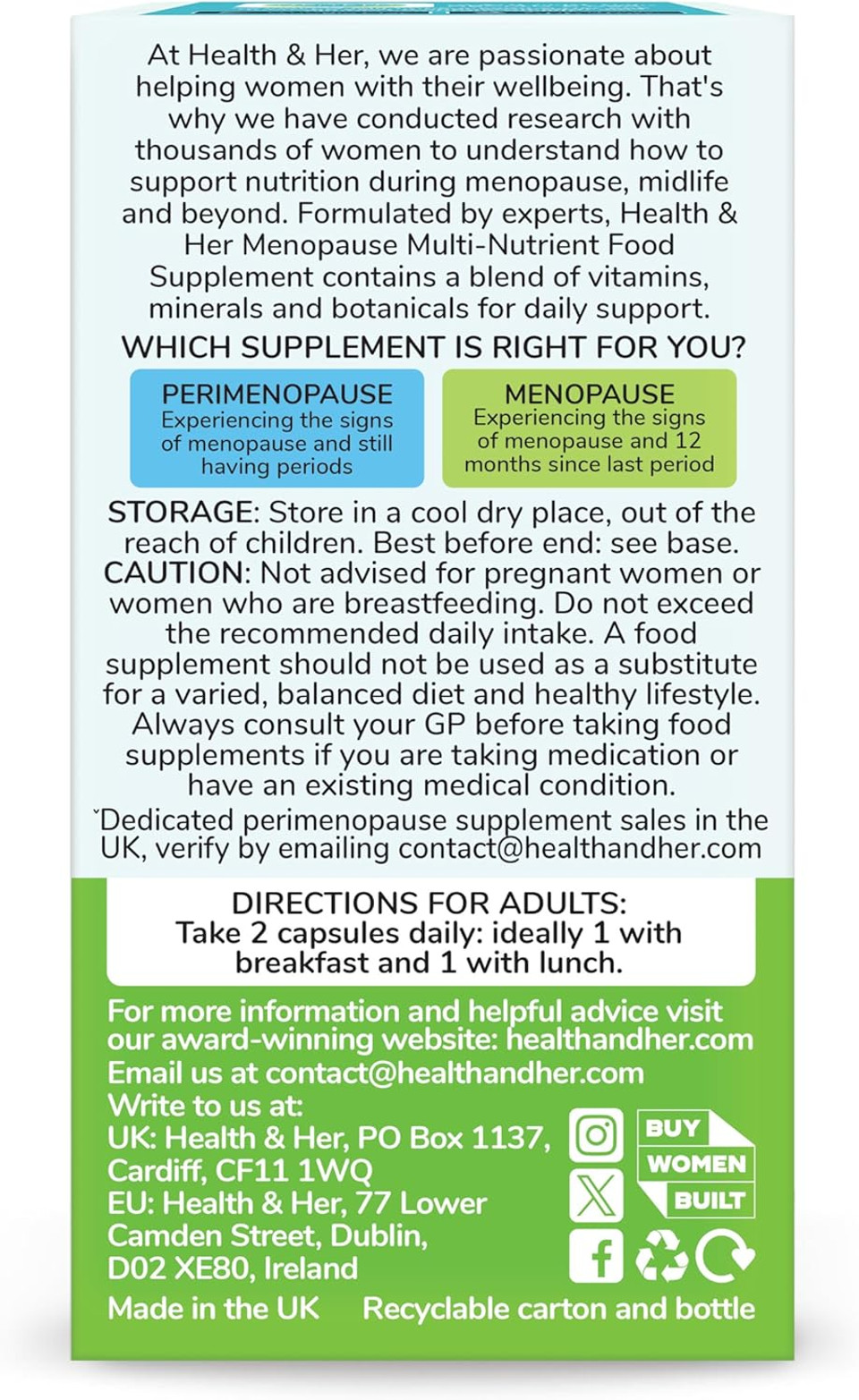 Health & Her Menopause Supplements for Women - Multi-Nutrient Wellbeing Support - Wellbeing for Menopause - 4 Month Supply, 240 Capsules - Vegan