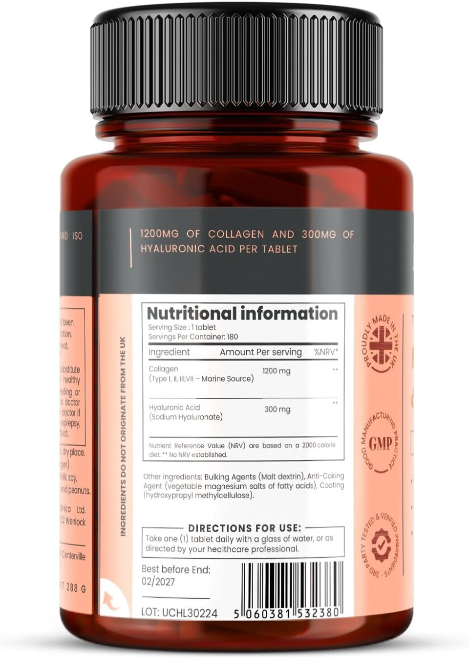 UltraColl Collagen & Hyaluronic Acid 1500mg x 1080 Tablets (6 Bottles of 180) - Up to 3 Years Supply!