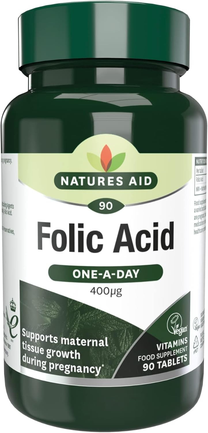 Natures Aid Folic Acid 400mcg  Supports Prenatal Health, Red Blood Cell Formation, DNA Synthesis  Vegan, Non-GMO, Gluten-Free  High Potency Natural Supplement  90 Tablets