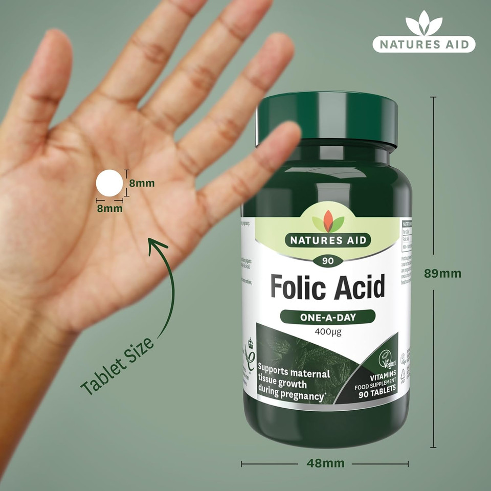 Natures Aid Folic Acid 400mcg  Supports Prenatal Health, Red Blood Cell Formation, DNA Synthesis  Vegan, Non-GMO, Gluten-Free  High Potency Natural Supplement  90 Tablets