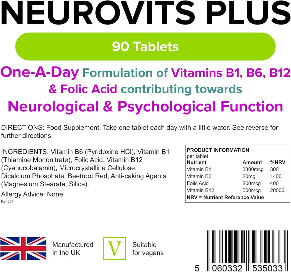 Lindens - Neurovits Plus Tablets, 90 Pack - One A Day - UK Made, Psychological & Nervous Function, Tiredness & Fatigue - Vitamin B1, B6, B12 & Folic Acid - Letterbox Friendly - Vegan