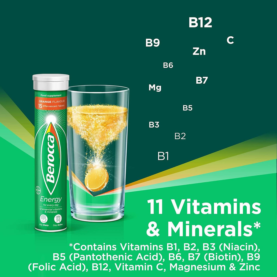 Berocca Vitamin C Effervescent Tablets, with Magnesium, Vitamin B12 & Vitamin B Complex, Orange Flavour, 1 Pack of 15 Tablets - 2 Weeks Supply Berocca Vitamin C Effervescent Tablets, with Magnesium, Vitamin B12 & Vitamin B Complex, Orange Flavour, 1 Pack of 15 Tablets - 2 Weeks Supply