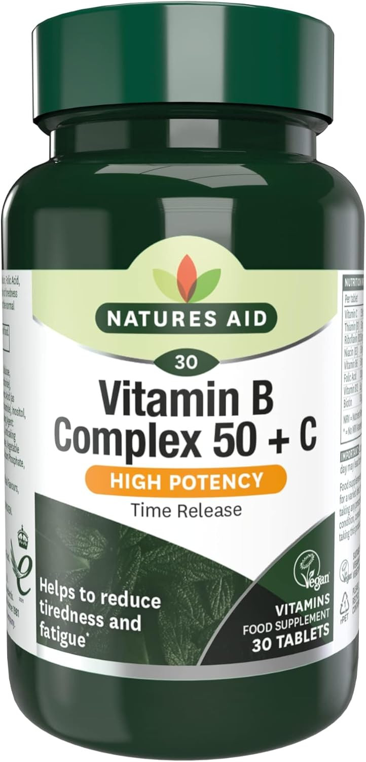 Natures Aid Vitamin B Complex 50 + C - High Strength B Vitamins with Vitamin C - Supports Energy, Nervous System & Immunity, Reduce Tiredness and Fatigue - Vegan, Gluten Free, Non-GMO - 30 Tablets