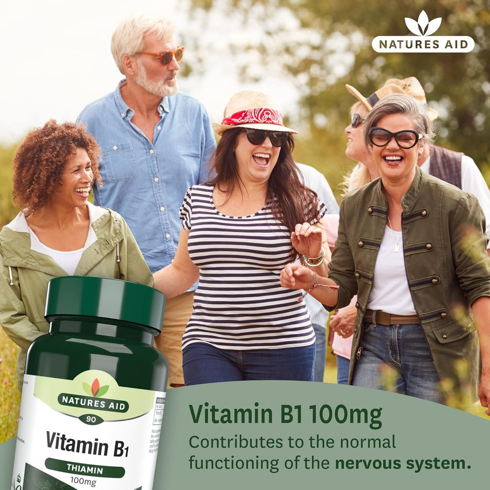 Natures Aid Vitamin B1 100mg Thiamine Tablets  High Strength Food Supplement  Supports Energy Metabolism, Nervous System, Heart & Mind  Vegan, Gluten-Free, Non-GMO  90 Tablets