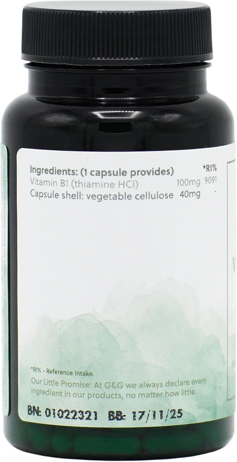 Vitamin B1 Thiamine HCl Capsules - 100mg of B1 Thiamine HCl per Capsule - 90 Vegan Capsules - G&G Vitamins