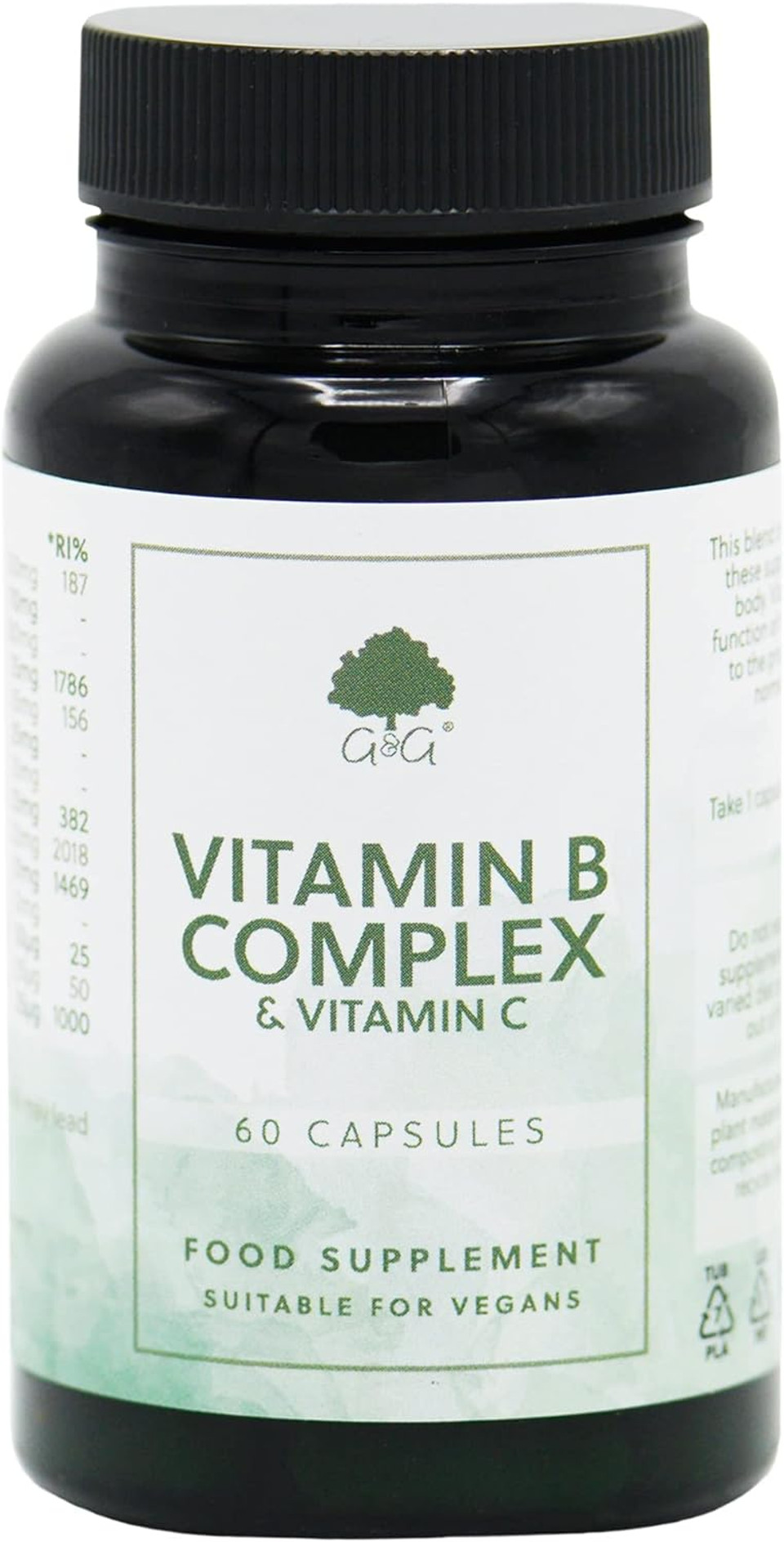Vitamin B Complex & C - Non-Acidic Vitamin C - 60 Vegan Capsules - Non-GMO, Made in The UK by G&G Vitamins