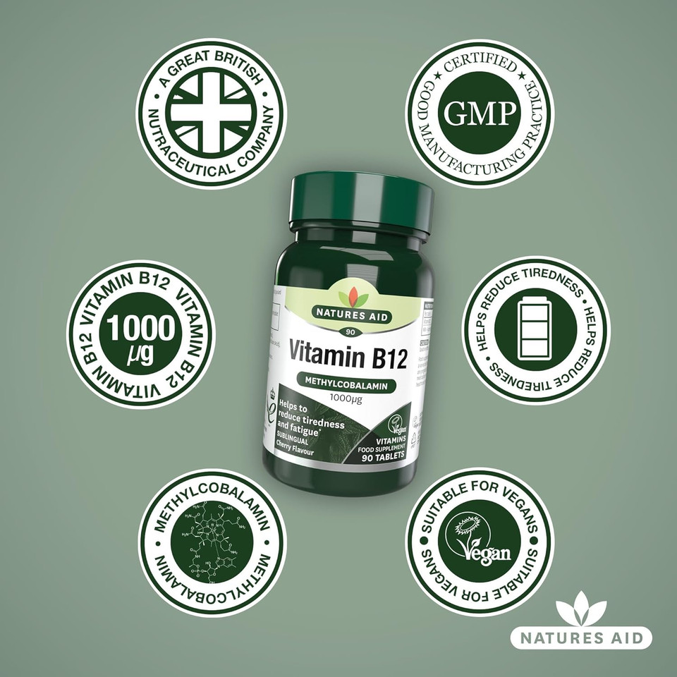 Natures Aid Vitamin B12 1000µg  High Strength Sublingual Tablets  Supports Energy, Metabolism & Nervous System  Vegan, Non-GMO, Gluten-Free Supplement  90 Tablets
