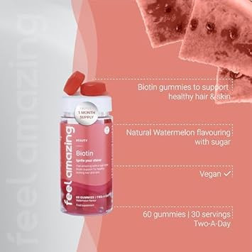 Feel Amazing Biotin Gummies - 10000µg Biotin per Serving - Vegan - Supports Skin Function & Hair Health - Watermelon Flavour - 60 Gummies