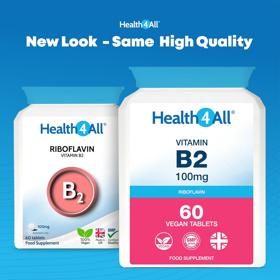 Health4All Vitamin B2 Riboflavin 100mg 60 Tablets Energy, Stress and Migraine Support, Vegan, Made in The UK