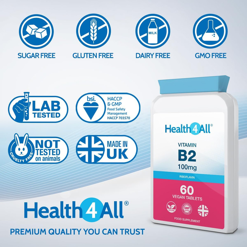 Health4All Vitamin B2 Riboflavin 100mg 60 Tablets Energy, Stress and Migraine Support, Vegan, Made in The UK
