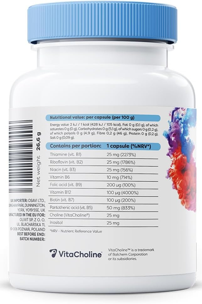 Osavi BComplex with Choline & Inositol  60 Vegan Capsules | Complete BVitamin Support for Energy, Nervous System & Mental Performance | with VitaCholine® | Clean Label | VeganFriendly