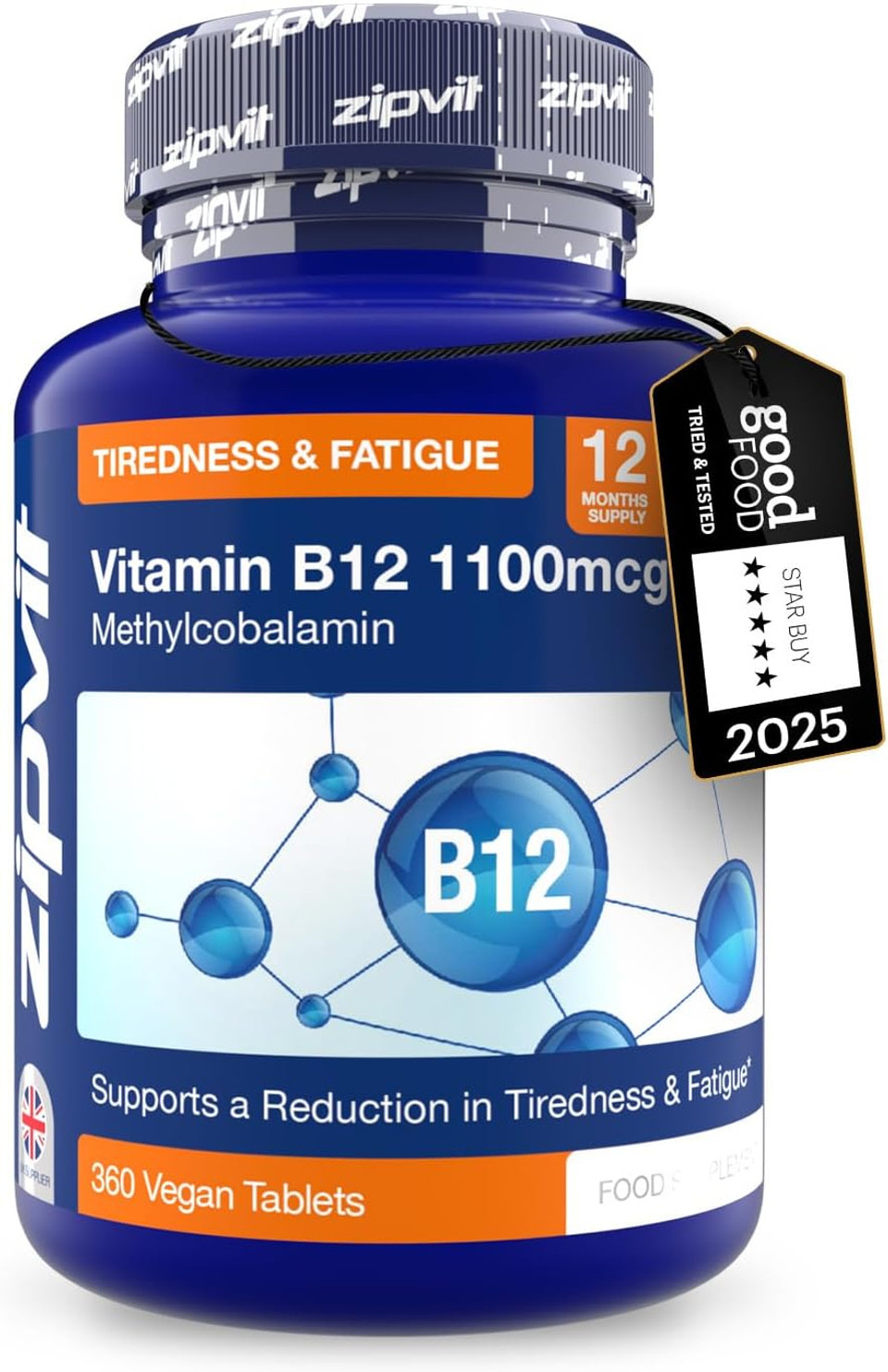 Zipvit Vitamin B12 Tablets High Strength 1100mcg, 1 Year Supply, Pure Methylcobalamin, 360 Vegan Tablets, Reduces Tiredness, Improves Energy, Supports Immunity, Eco Pouch