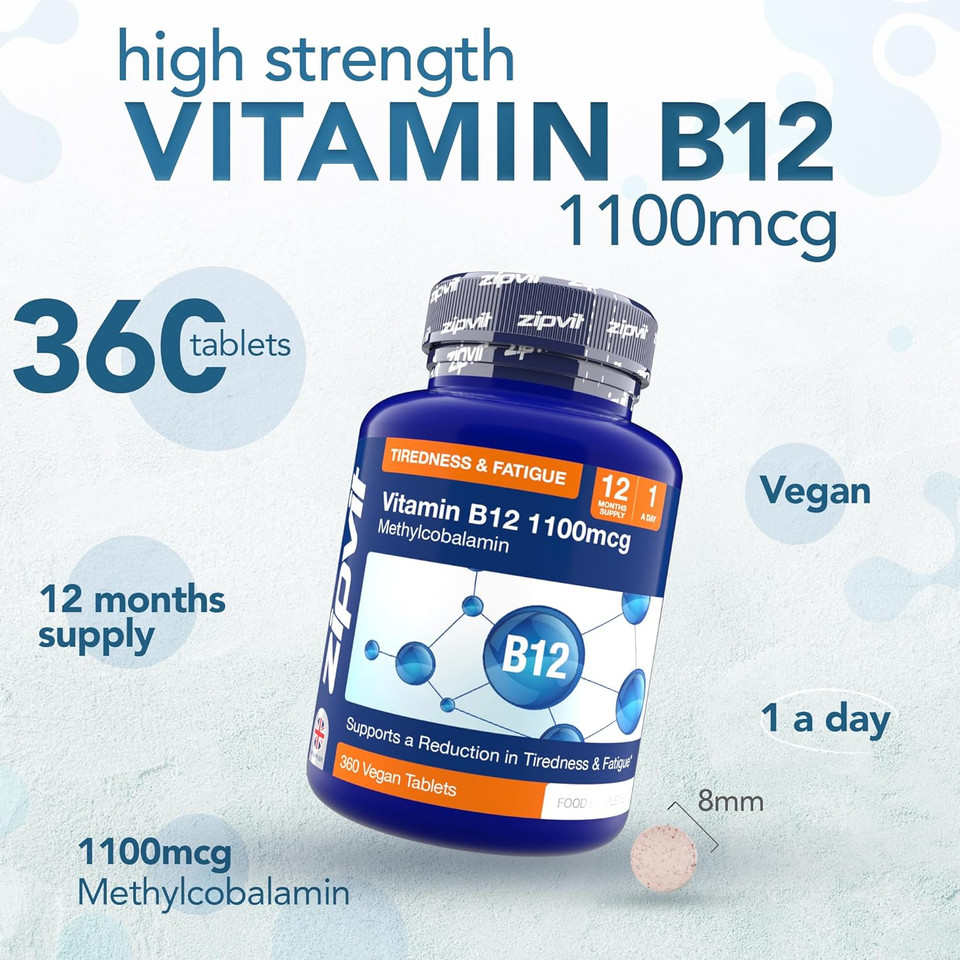 Zipvit Vitamin B12 Tablets High Strength 1100mcg, 1 Year Supply, Pure Methylcobalamin, 360 Vegan Tablets, Reduces Tiredness, Improves Energy, Supports Immunity, Eco Pouch