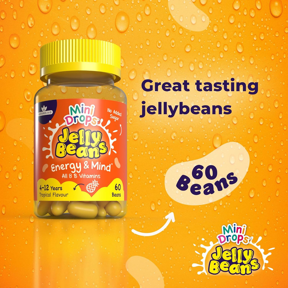 Mini Drops Jelly Beans Energy & Mind - 8 B Vitamins including B12 to Support Energy, Mental and Reduce Tiredness - Tropical, No Added Sugar Gluten Free - 60 Beans for Children Ages 4-12 by Natures Aid