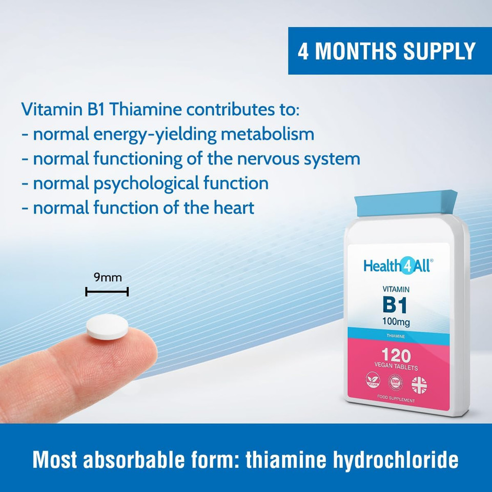 Health4All Vitamin B1 Thiamine 100mg, 120 Tablets 4 Months Supply, Easy to Swallow Thiamine High Strength Supplement for Heart Health, Nervous System and Metabolism, Vegan | Made in The UK