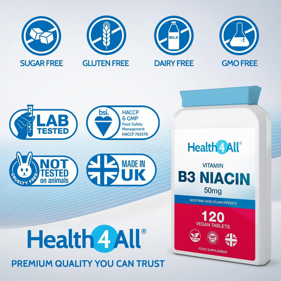 Health4All Vitamin B3 Niacin as Nicotinic Acid (Flush Effect) 50mg 120 Tablets 4 Months Supply, Vegan Niacin Flush Supplement, Cholesterol Support Supplement, Reduce Tiredness and Fatigue | Made in UK